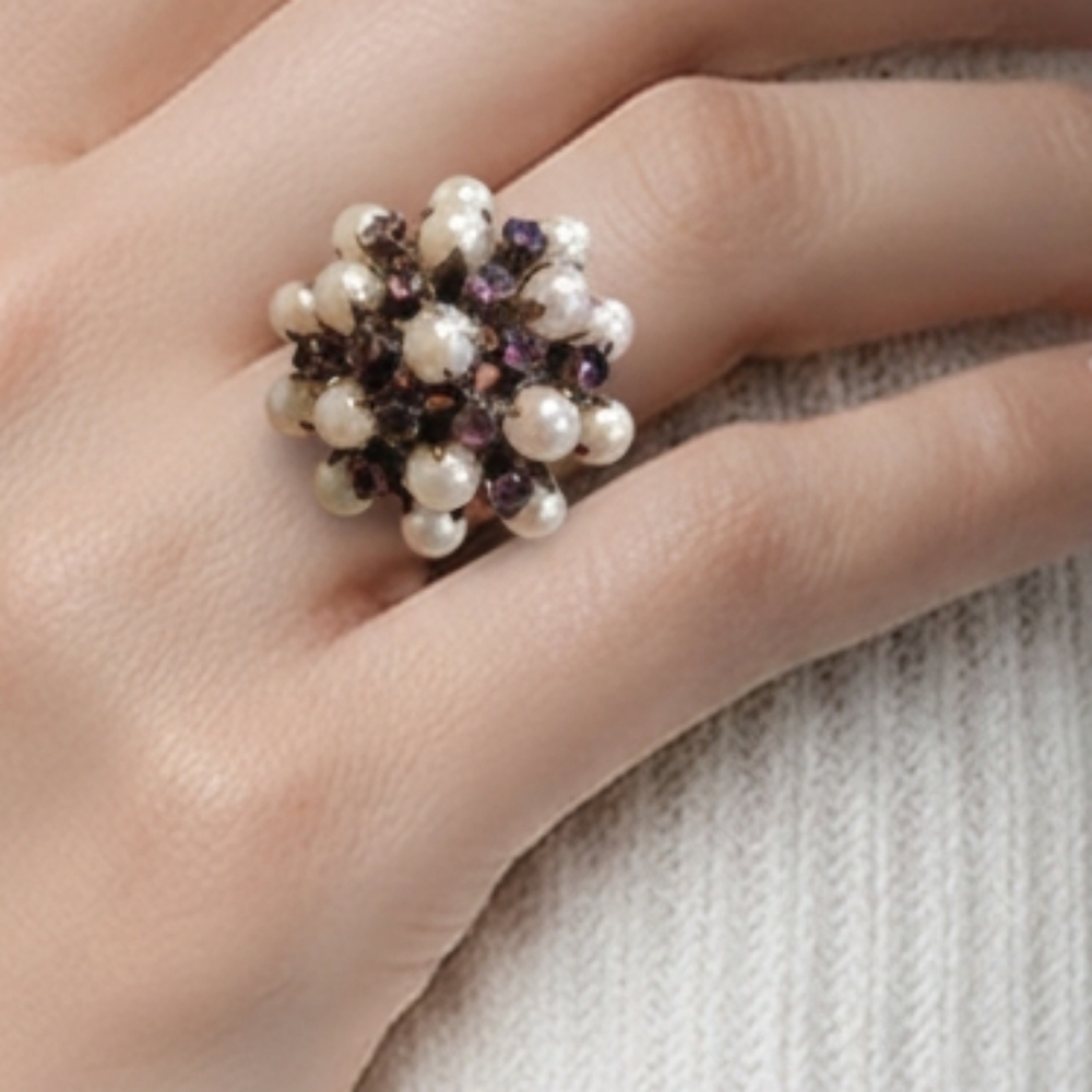 Vintage 14k Gold Pearl And Amethsyt Cluster Ring Size 5.